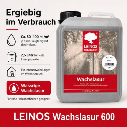 Leinos 600 Wachslasur für Innen 202 Weiß 2,5 l – wässrige Holzlasur für Möbel, Holzdecken, Wandverkleidungen und Kinderspielzeug im Innenbereich, weiß