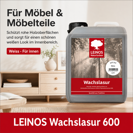 Leinos 600 Wachslasur für Innen 202 Weiß 2,5 l – wässrige Holzlasur für Möbel, Holzdecken, Wandverkleidungen und Kinderspielzeug im Innenbereich, weiß