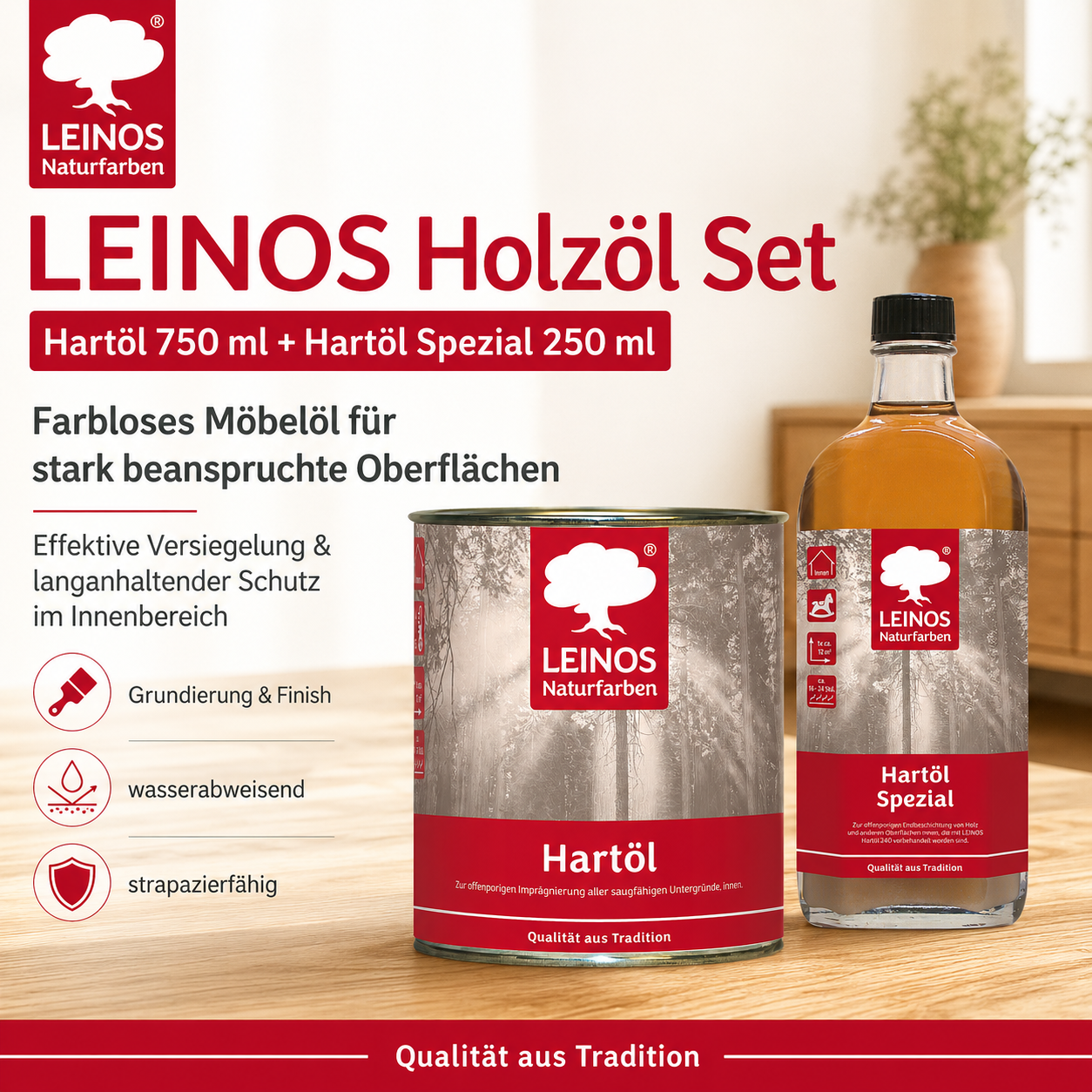 LEINOS Holzöl 750 ml im Set mit Hartöl Spezial 250 ml als Finish | Farbloses Möbelöl für stark beanspruchte Oberflächen | Effektive Versiegelung und langanhaltenden Schutz im Innenbereich