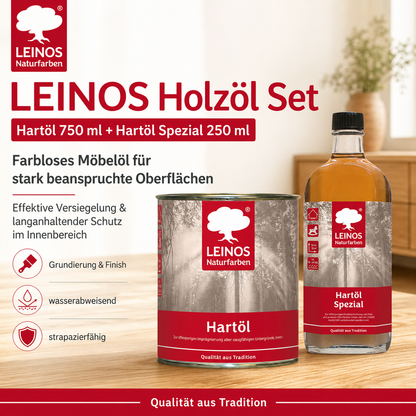 LEINOS Holzöl 750 ml im Set mit Hartöl Spezial 250 ml als Finish | Farbloses Möbelöl für stark beanspruchte Oberflächen | Effektive Versiegelung und langanhaltenden Schutz im Innenbereich