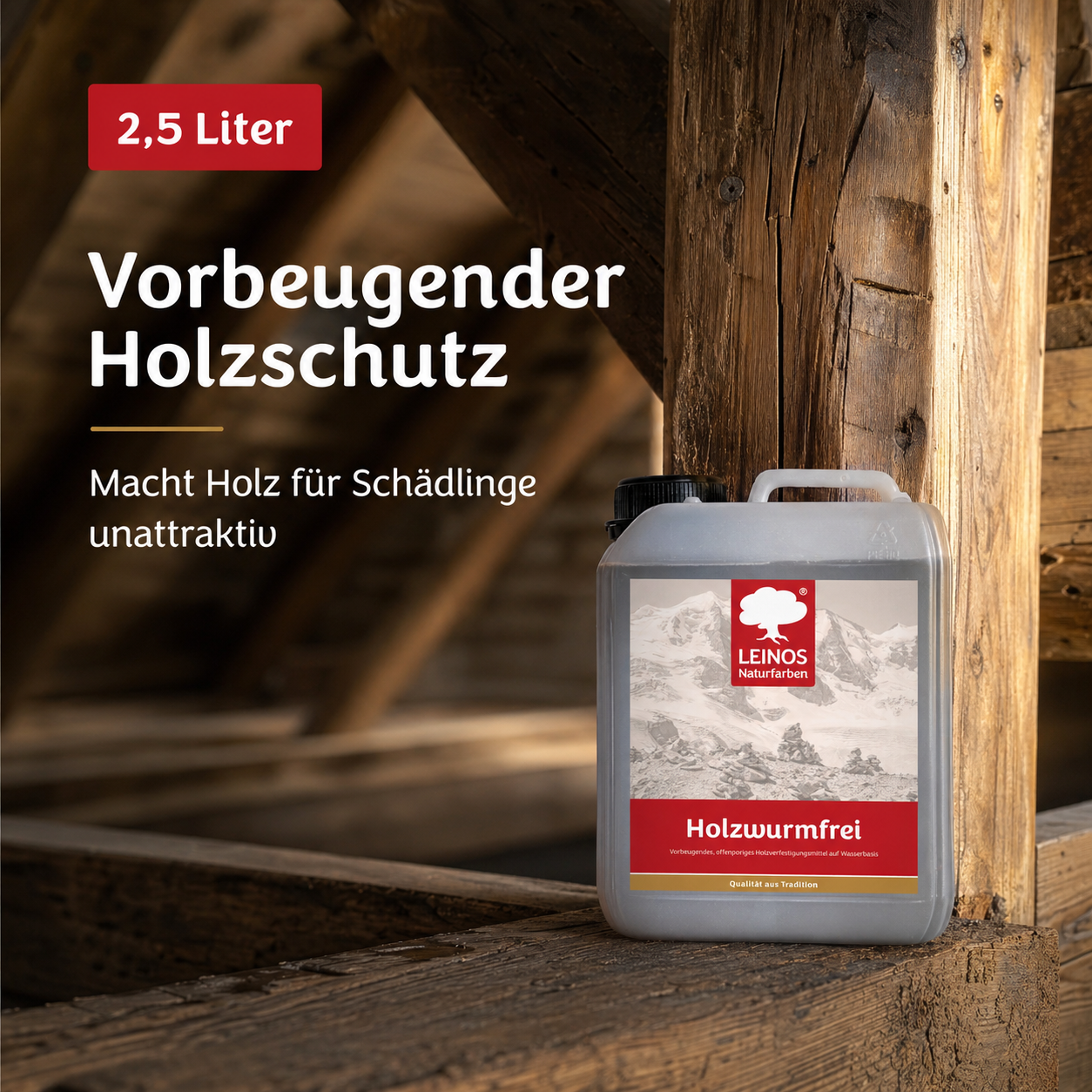 LEINOS Holzwurmfrei 2,5 Liter |  schützt  Holz durch physikalisch-mechanische Wirkung vor Pilz-  Insektenbefall | vorbeugendes, offenporiges Holzverfestigungsmittel,