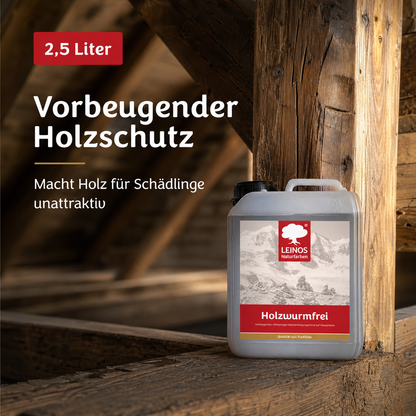 LEINOS Holzwurmfrei 2,5 Liter |  schützt  Holz durch physikalisch-mechanische Wirkung vor Pilz-  Insektenbefall | vorbeugendes, offenporiges Holzverfestigungsmittel,