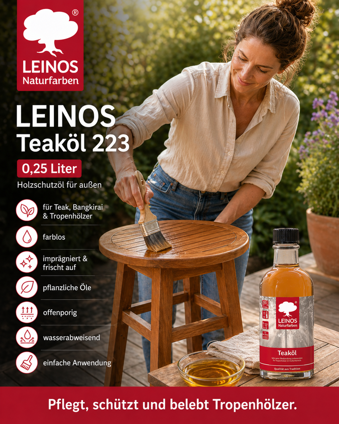 LEINOS Teaköl 223 – 0,25 Liter Holzschutzöl für außen, farblos, für Teak, Bangkirai & Tropenhölzer, imprägniert & frischt auf, pflanzliche Öle, offenporig, wasserabweisend, einfache Anwendung