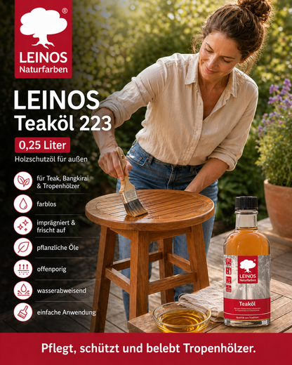 LEINOS Teaköl 223 – 0,25 Liter Holzschutzöl für außen, farblos, für Teak, Bangkirai & Tropenhölzer, imprägniert & frischt auf, pflanzliche Öle, offenporig, wasserabweisend, einfache Anwendung