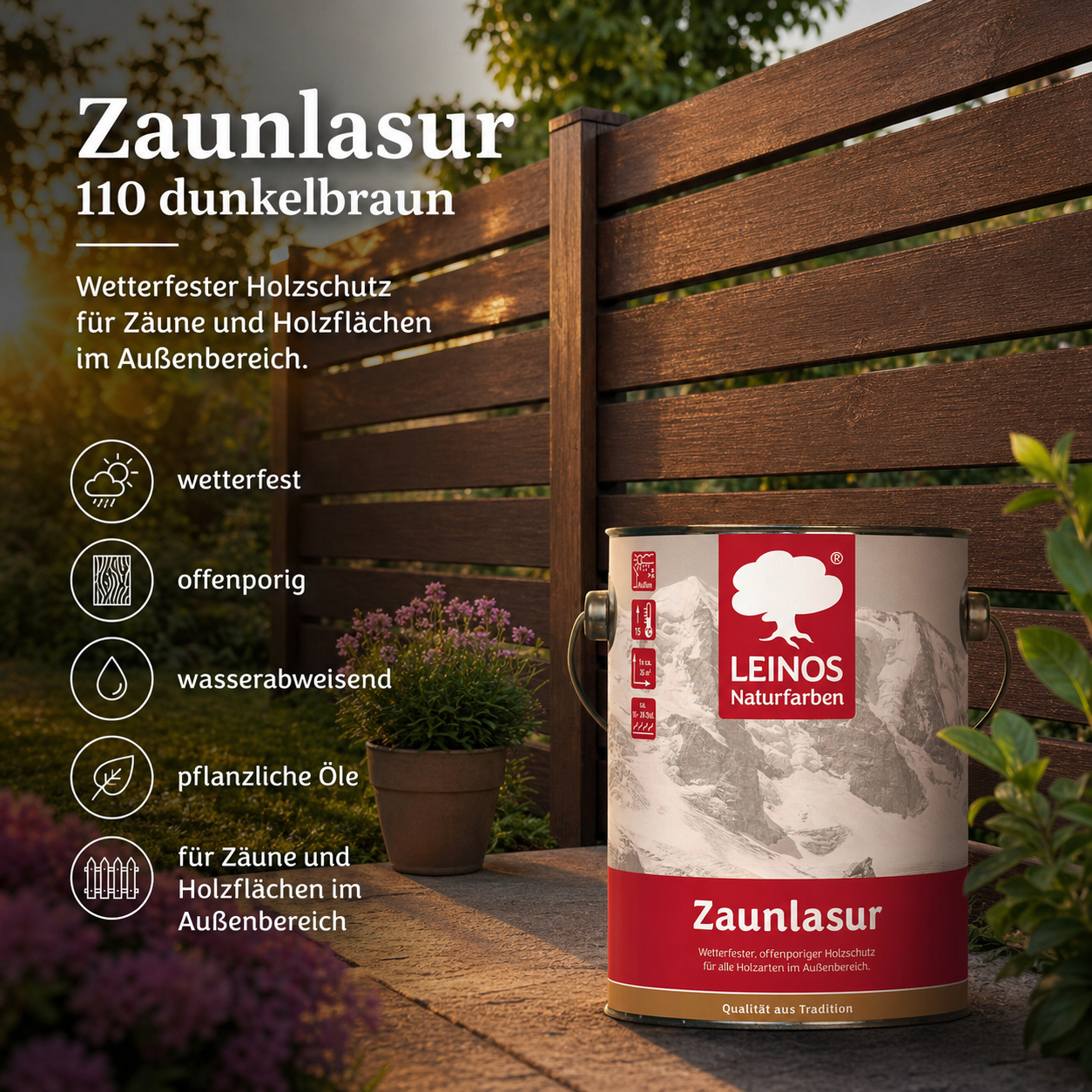 LEINOS Zaunlasur 110 dunkelbraun – wetterfeste Holzlasur für außen, offenporiger Holzschutz, wasserabweisend & atmungsaktiv, 2,5 l für bis zu 36 m² dunkelbraun