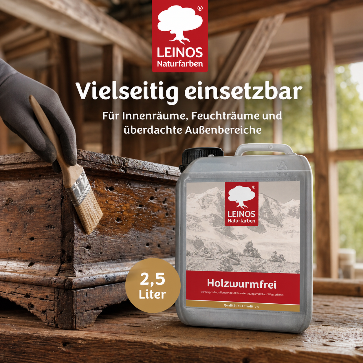 LEINOS Holzwurmfrei 2,5 Liter |  schützt  Holz durch physikalisch-mechanische Wirkung vor Pilz-  Insektenbefall | vorbeugendes, offenporiges Holzverfestigungsmittel,