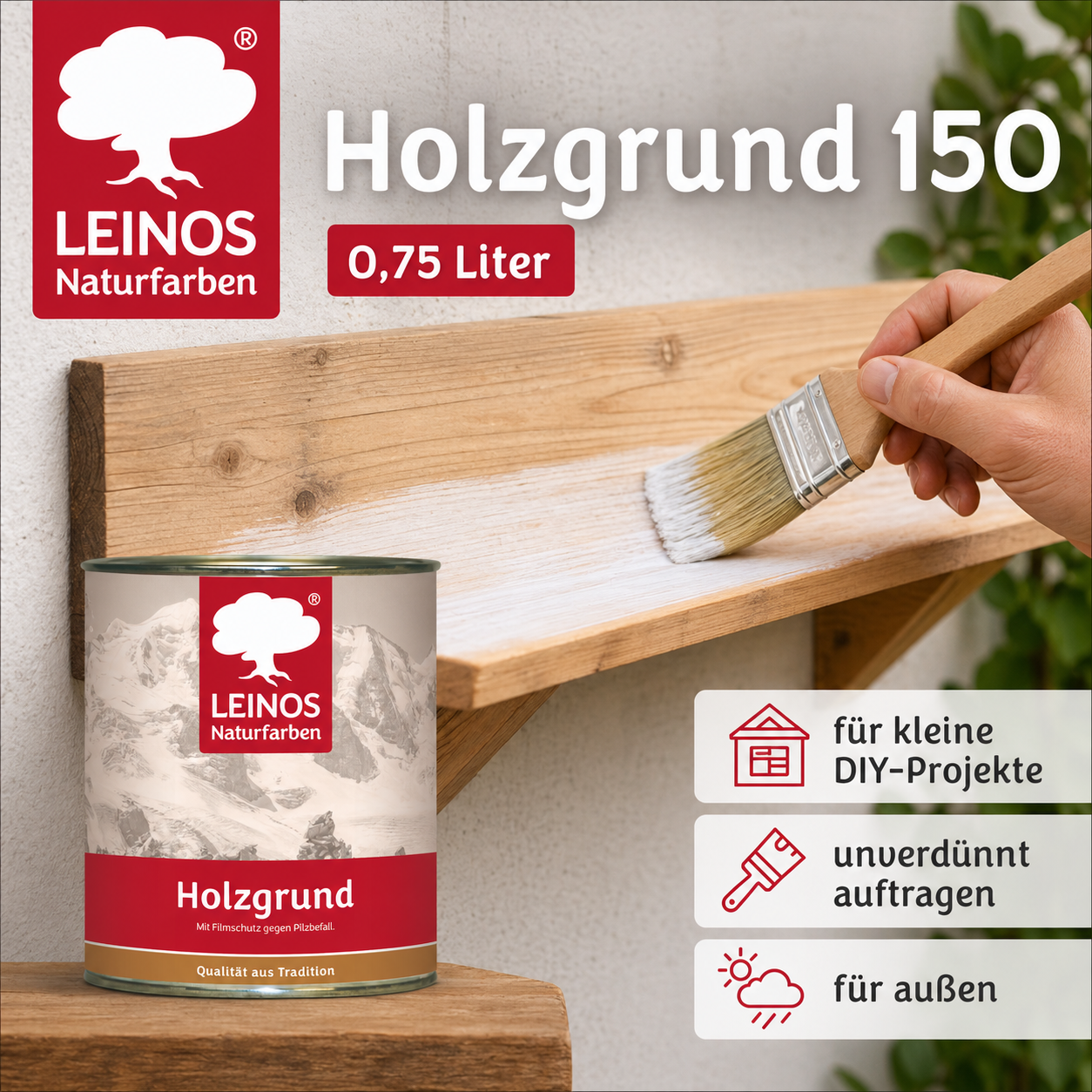 LEINOS 150 Holzgrund 10 l – offenporige Holzgrundierung für Lack- und Lasuranstriche außen, mit Filmschutz gegen Bläuebefall, tiefenwirksam, transparent-bräunlich, reicht bis ca. 144 m²