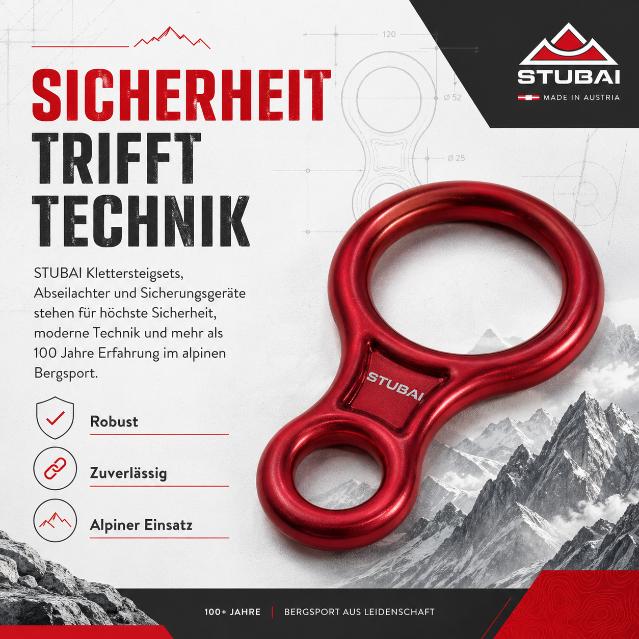 STUBAI Abseilachter groß – Sicherungsgerät aus Aluminium (109 g, 30 kN) – für Klettern, Bergsteigen, Canyoning, Höhenarbeit & Rettung – EN 15151-2 zertifiziert – rot eloxier