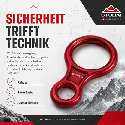 STUBAI Abseilachter groß – Sicherungsgerät aus Aluminium (109 g, 30 kN) – für Klettern, Bergsteigen, Canyoning, Höhenarbeit & Rettung – EN 15151-2 zertifiziert – rot eloxier