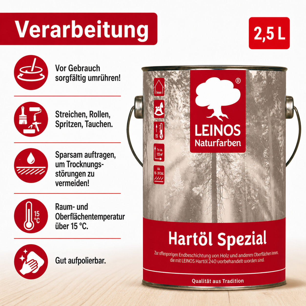 Leinos 245 Hartöl Spezial für Innen 2,5 l  Für stark strapazierte Flächen wie Fußböden und für den anspruchsvollen Möbelbau Hervorragende Polierfähigkeit