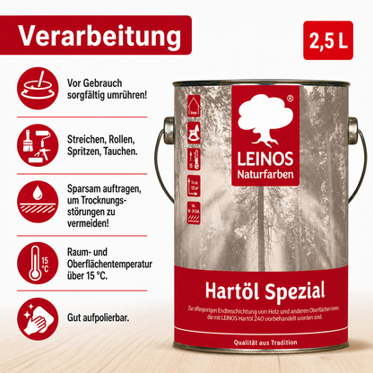 Leinos 245 Hartöl Spezial für Innen 2,5 l  Für stark strapazierte Flächen wie Fußböden und für den anspruchsvollen Möbelbau Hervorragende Polierfähigkeit