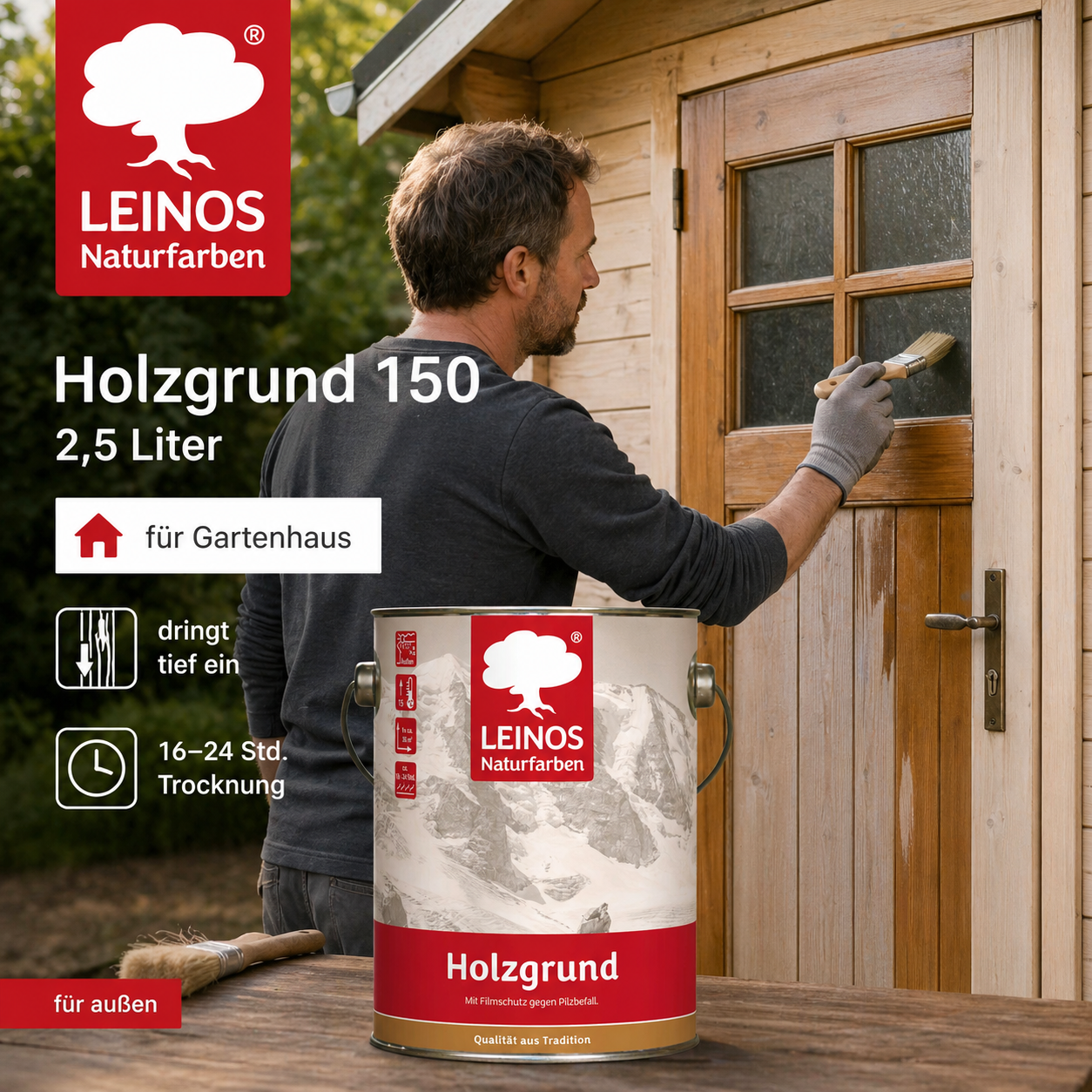 LEINOS 150 Holzgrund 2,5 l – offenporige Holzgrundierung für Lack- und Lasuranstriche außen, mit Filmschutz gegen Bläuebefall, tiefenwirksam, transparent-bräunlich, reicht bis ca. 60-80 m²