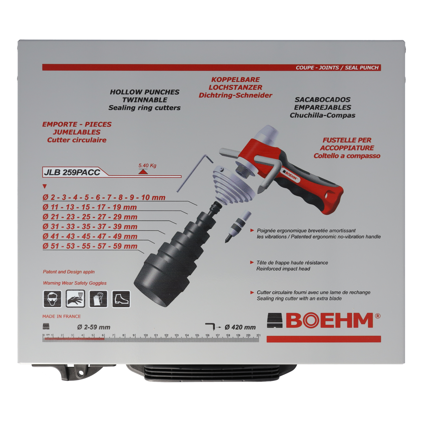 BOEHM JLB259PACC Locheisensatz 2-59mm inkl. Halter, Aufnahmescheibe, federnder Zentrierspitze, Stange mit Zirkel & Ersatzmesser im Metallkoffer