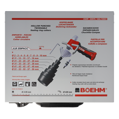 BOEHM JLB259PACC Locheisensatz 2-59mm inkl. Halter, Aufnahmescheibe, federnder Zentrierspitze, Stange mit Zirkel & Ersatzmesser im Metallkoffer