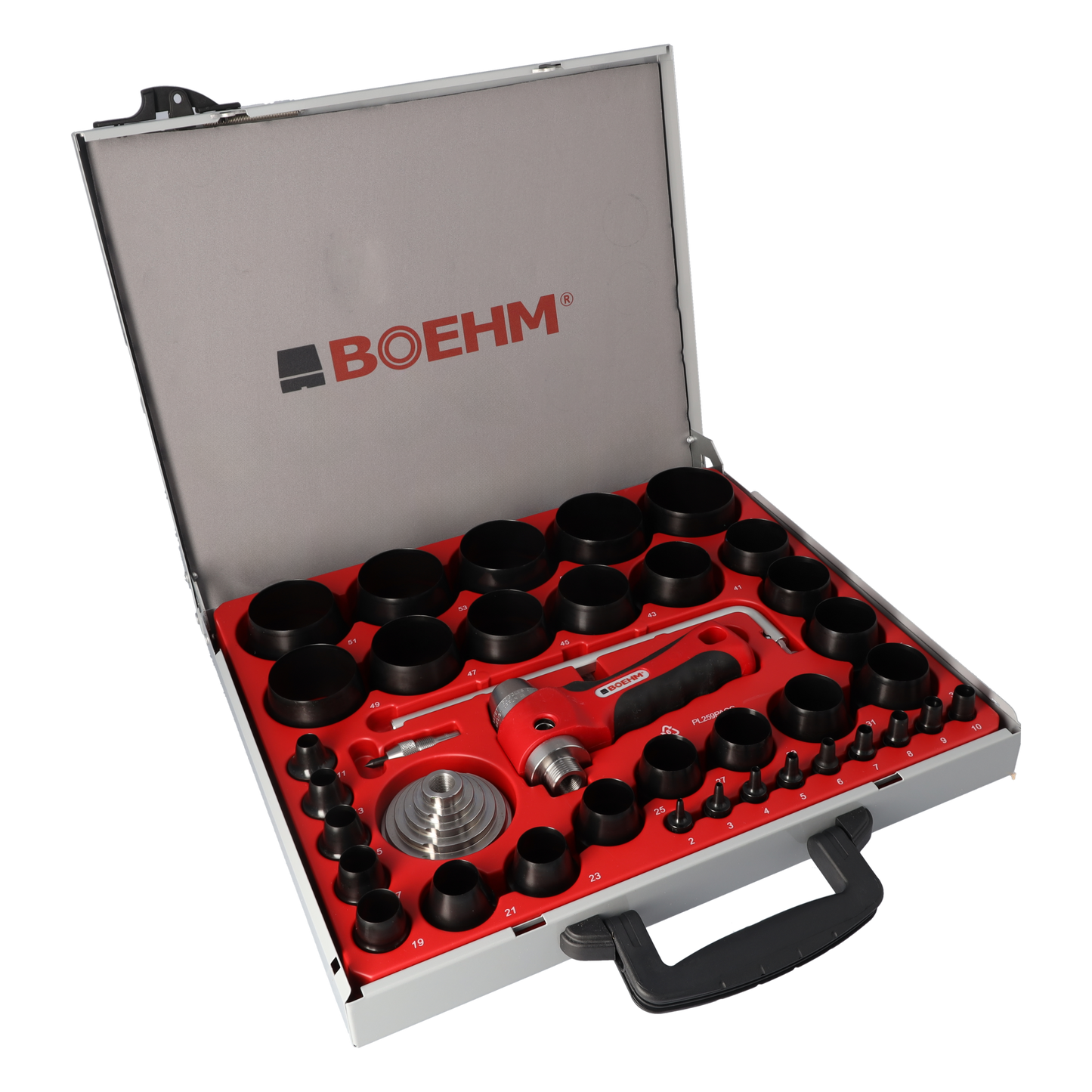 BOEHM JLB259PACC Locheisensatz 2-59mm inkl. Halter, Aufnahmescheibe, federnder Zentrierspitze, Stange mit Zirkel & Ersatzmesser im Metallkoffer