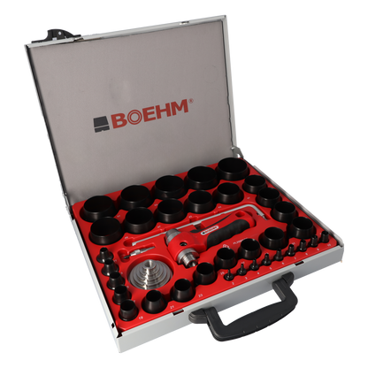 BOEHM JLB259PACC Locheisensatz 2-59mm inkl. Halter, Aufnahmescheibe, federnder Zentrierspitze, Stange mit Zirkel & Ersatzmesser im Metallkoffer