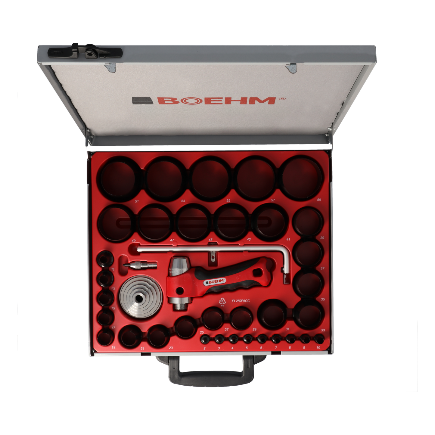 BOEHM JLB259PACC Locheisensatz 2-59mm inkl. Halter, Aufnahmescheibe, federnder Zentrierspitze, Stange mit Zirkel & Ersatzmesser im Metallkoffer