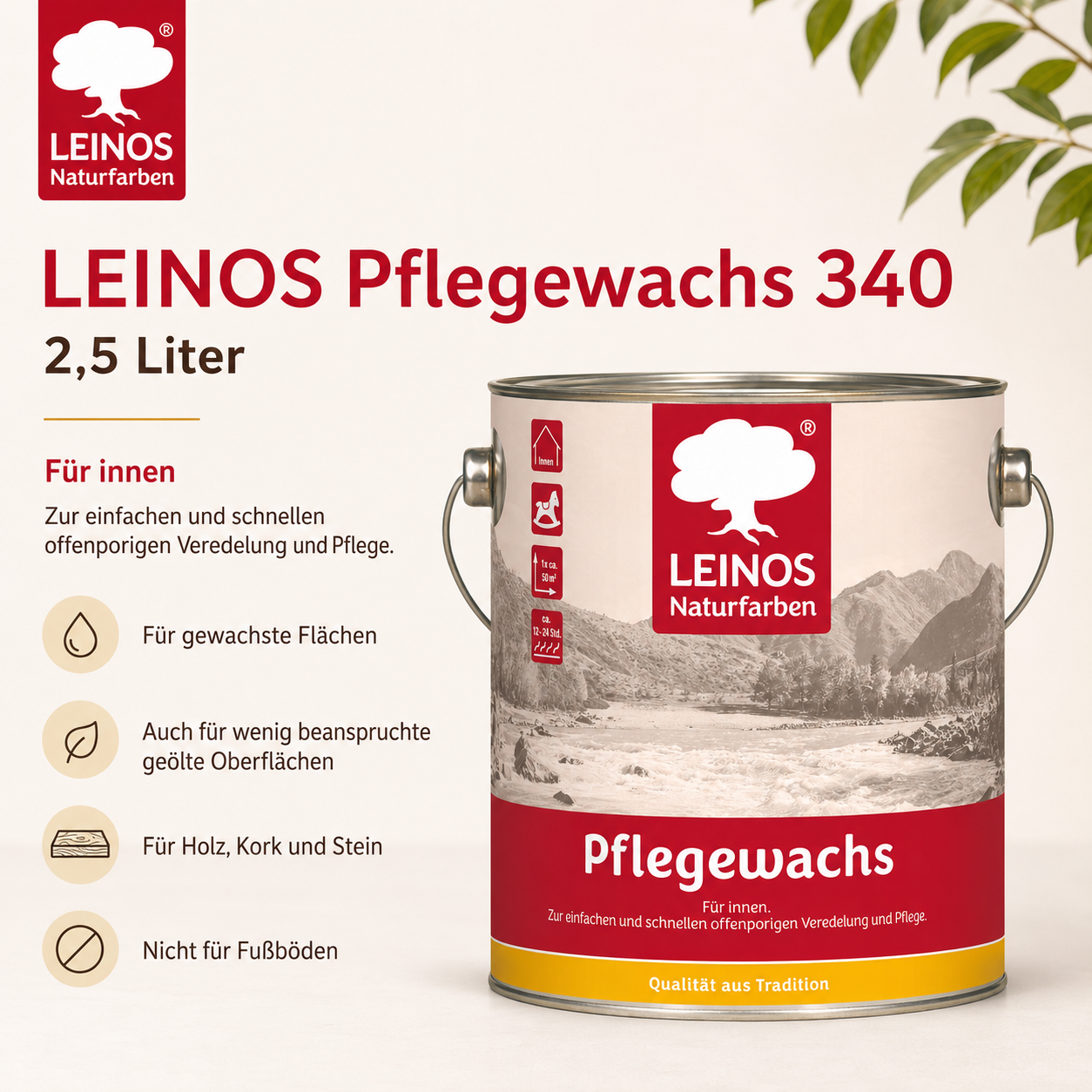 Leinos-Pflegewachs 340 | 2,5 Liter | Leicht verarbeitbares Wachsfinish | Für gewachste Flächen & wenig beanspruchte geölte Oberflächen | Auffrischung & Veredelung für Möbel, Holz & Naturmaterialien
