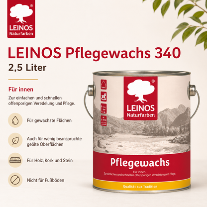 Leinos-Pflegewachs 340 | 2,5 Liter | Leicht verarbeitbares Wachsfinish | Für gewachste Flächen & wenig beanspruchte geölte Oberflächen | Auffrischung & Veredelung für Möbel, Holz & Naturmaterialien