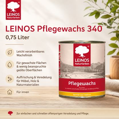 Leinos-Pflegewachs 340 | 0,75 Liter | Leicht verarbeitbares Wachsfinish | Für gewachste Flächen & wenig beanspruchte geölte Oberflächen | Auffrischung & Veredelung für Möbel, Holz & Naturmaterialien