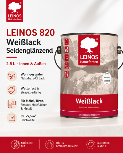 LEINOS 820 Weißlack Seidenglänzend | 2,5 L Innen & Außen | Wohngesunder Naturharz-Öl Lack, wetterfest & langlebig | ca. 20 m² Reichweite | Für Türen, Fenster, Möbel & Holzflächen | Profiqualität