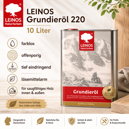LEINOS Grundieröl 10 l – farblos, offenporig, lösemittelarm; tiefenwirksame Grundierung für saugfähiges Holz innen & außen, ohne UV-/Pilzschutz, hohe Ergiebigkeit für größere, wenig beanspruchte Flächen