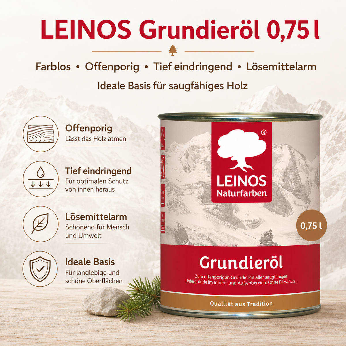 LEINOS Grundieröl 0,75 l – farblos, offenporig, tief eindringend, lösemittelarm; ideale Basis für saugfähiges Holz innen & außen, ohne UV-/Pilzschutz, für wenig beanspruchte Flächen