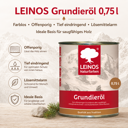 LEINOS Grundieröl 0,75 l – farblos, offenporig, tief eindringend, lösemittelarm; ideale Basis für saugfähiges Holz innen & außen, ohne UV-/Pilzschutz, für wenig beanspruchte Flächen