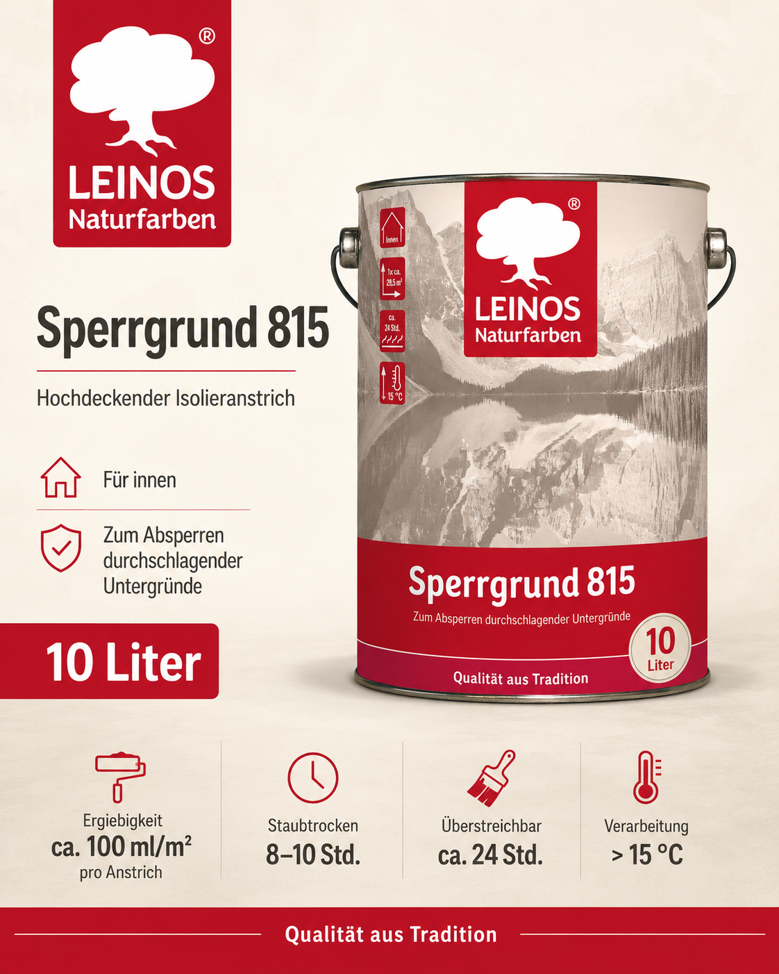 LEINOS 815 Sperrgrund 10 Liter  | Hochdeckend: Erzeugt einen weißen, leicht rauen Untergrund, der für nachfolgende Anstriche gute Haftung bietet