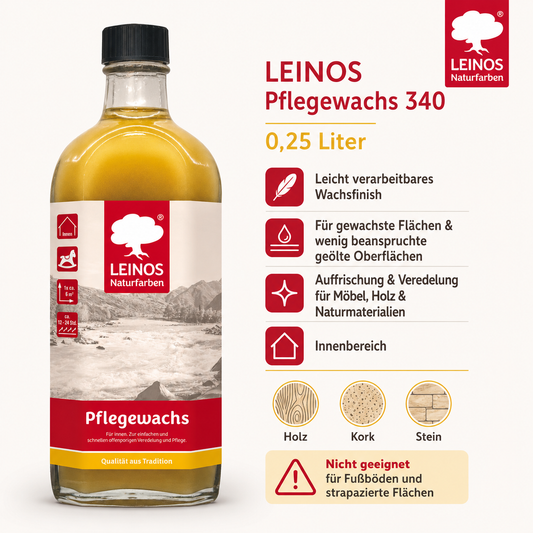 Leinos-Pflegewachs 340 | 0,25 Liter | Leicht verarbeitbares Wachsfinish | Für gewachste Flächen & wenig beanspruchte geölte Oberflächen | Auffrischung & Veredelung für Möbel, Holz & Naturmaterialien