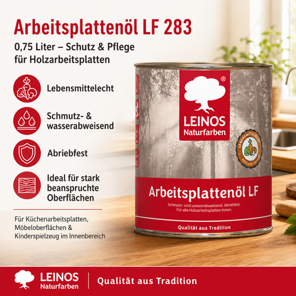 Arbeitsplattenöl  0,75 L | lebensmittelecht & speichelfrei nach EN 71-3 | schmutz-, wasser- & fettabweisend | Öl-Harz-Rezeptur ohne Film | für Holz-Küchenplatten, Schneidebretter, Tische & Kinderspielzeug