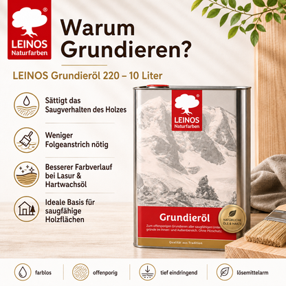LEINOS Grundieröl 10 l – farblos, offenporig, lösemittelarm; tiefenwirksame Grundierung für saugfähiges Holz innen & außen, ohne UV-/Pilzschutz, hohe Ergiebigkeit für größere, wenig beanspruchte Flächen