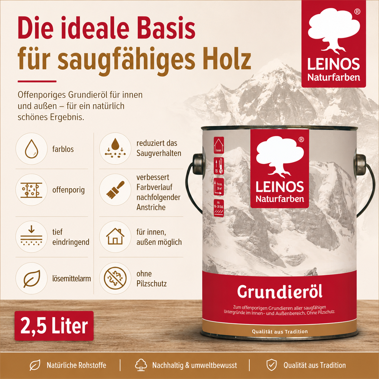 LEINOS 220 Grundieröl für Innen 2,5 l | Offenporige Grundierung mit gutem Eindringvermögen für wenig beanspruchte Holzteile | optimalen Kontakt für weitere Anstriche