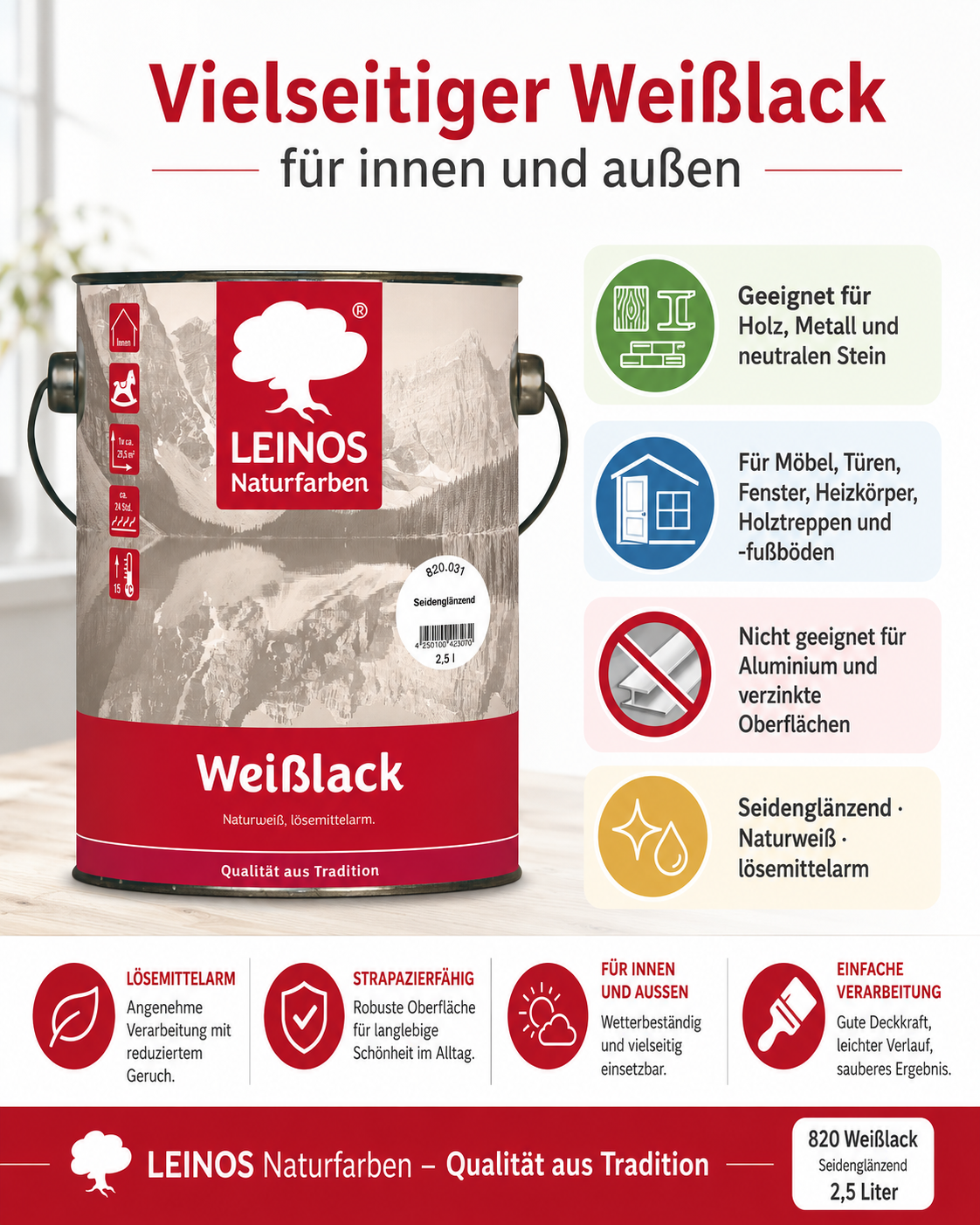 LEINOS 820 Weißlack Seidenglänzend | 2,5 L Innen & Außen | Wohngesunder Naturharz-Öl Lack, wetterfest & langlebig | ca. 20 m² Reichweite | Für Türen, Fenster, Möbel & Holzflächen | Profiqualität