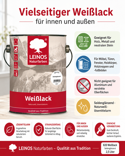 LEINOS 820 Weißlack Seidenglänzend | 2,5 L Innen & Außen | Wohngesunder Naturharz-Öl Lack, wetterfest & langlebig | ca. 20 m² Reichweite | Für Türen, Fenster, Möbel & Holzflächen | Profiqualität