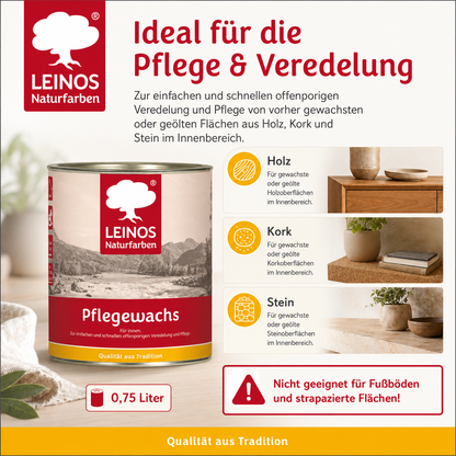 Leinos-Pflegewachs 340 | 0,75 Liter | Leicht verarbeitbares Wachsfinish | Für gewachste Flächen & wenig beanspruchte geölte Oberflächen | Auffrischung & Veredelung für Möbel, Holz & Naturmaterialien