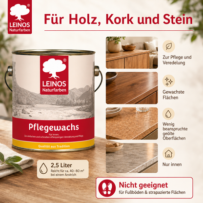 Leinos-Pflegewachs 340 | 2,5 Liter | Leicht verarbeitbares Wachsfinish | Für gewachste Flächen & wenig beanspruchte geölte Oberflächen | Auffrischung & Veredelung für Möbel, Holz & Naturmaterialien