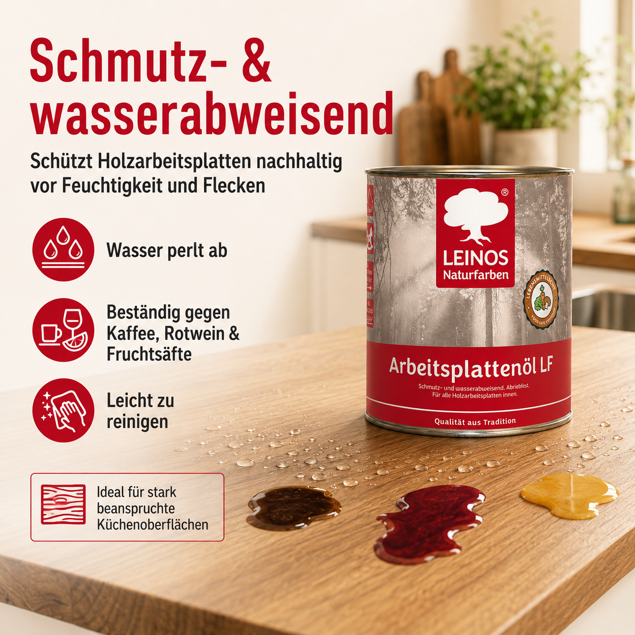 Arbeitsplattenöl  0,75 L | lebensmittelecht & speichelfrei nach EN 71-3 | schmutz-, wasser- & fettabweisend | Öl-Harz-Rezeptur ohne Film | für Holz-Küchenplatten, Schneidebretter, Tische & Kinderspielzeug