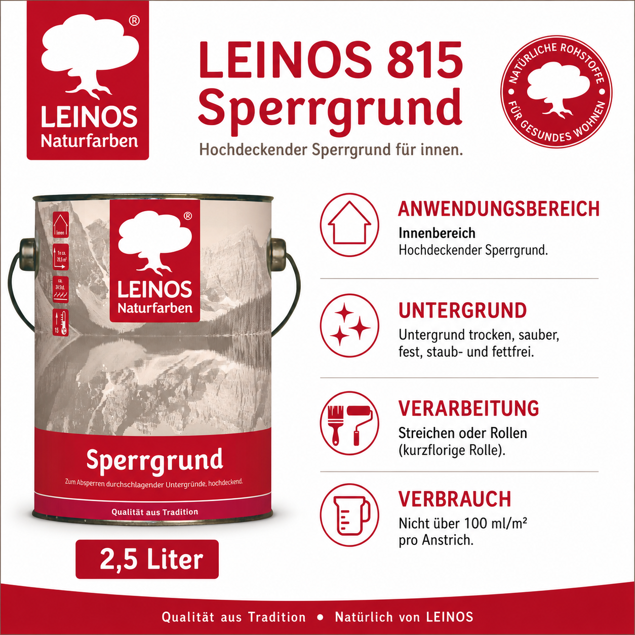 LEINOS 815 Sperrgrund 2,5 l | Hochdeckend: Erzeugt einen weißen, leicht rauen Untergrund, der für nachfolgende Anstriche gute Haftung bietet