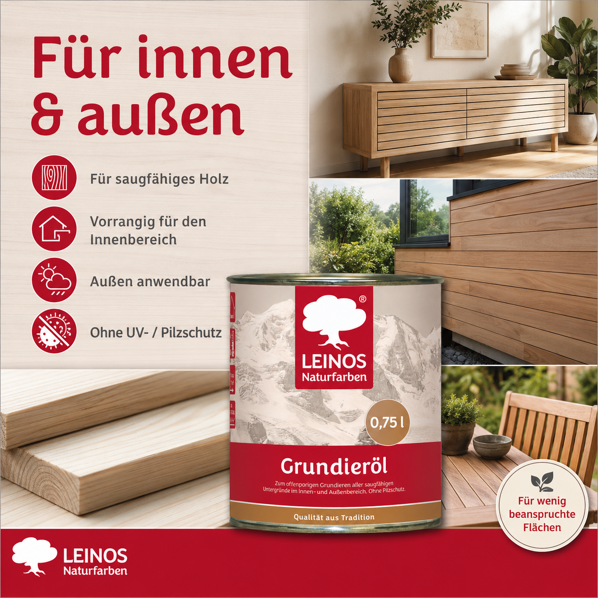 LEINOS Grundieröl 0,75 l – farblos, offenporig, tief eindringend, lösemittelarm; ideale Basis für saugfähiges Holz innen & außen, ohne UV-/Pilzschutz, für wenig beanspruchte Flächen