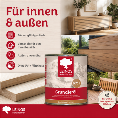 LEINOS Grundieröl 0,75 l – farblos, offenporig, tief eindringend, lösemittelarm; ideale Basis für saugfähiges Holz innen & außen, ohne UV-/Pilzschutz, für wenig beanspruchte Flächen