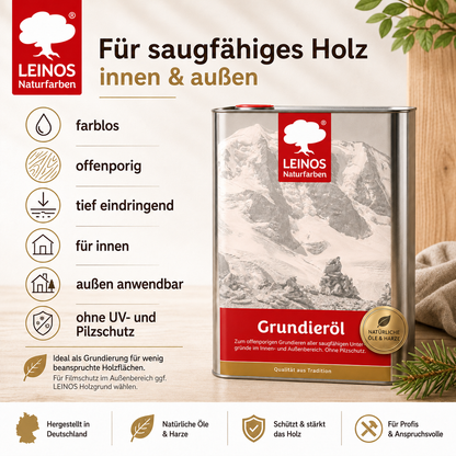 LEINOS Grundieröl 10 l – farblos, offenporig, lösemittelarm; tiefenwirksame Grundierung für saugfähiges Holz innen & außen, ohne UV-/Pilzschutz, hohe Ergiebigkeit für größere, wenig beanspruchte Flächen
