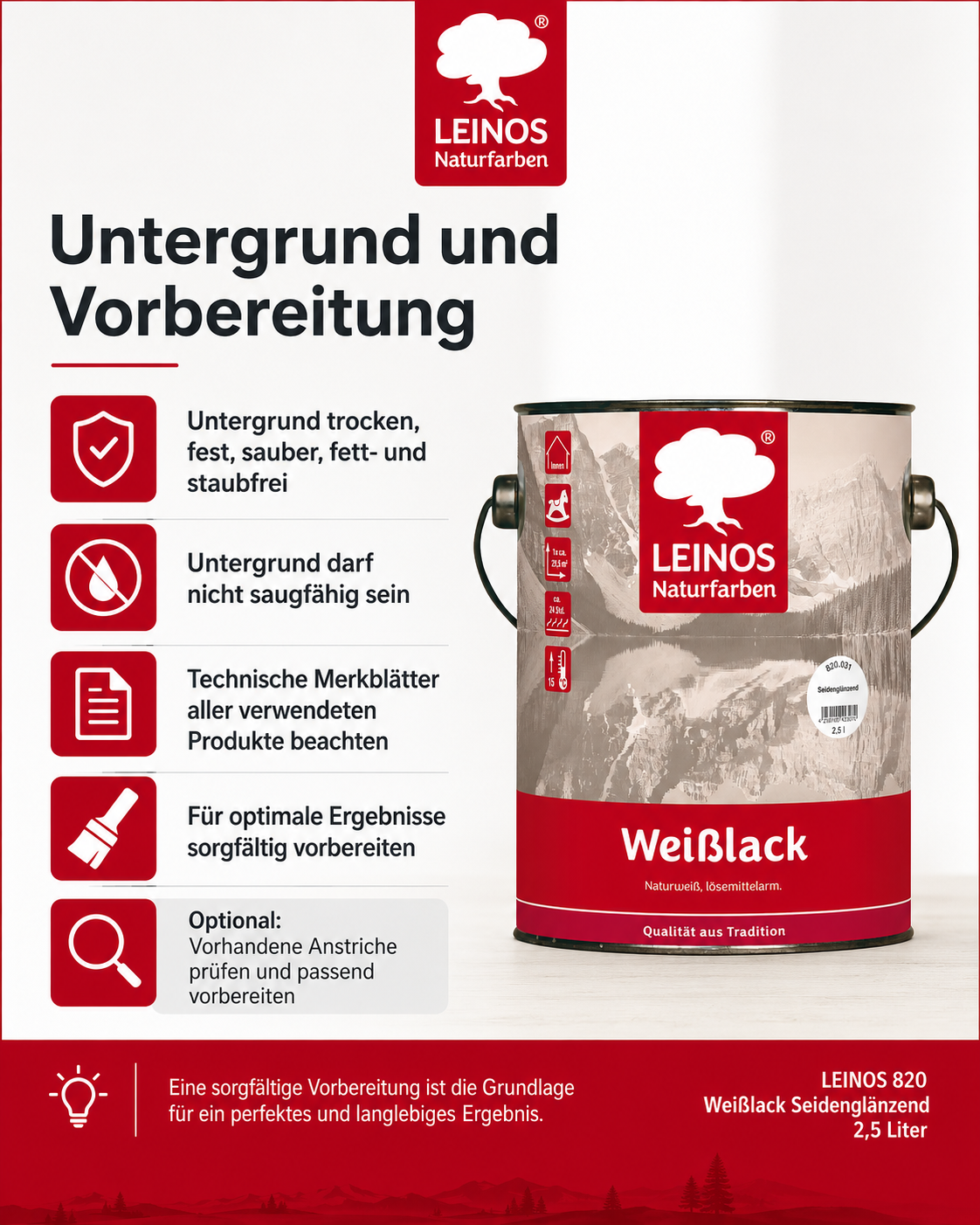LEINOS 820 Weißlack Seidenglänzend | 2,5 L Innen & Außen | Wohngesunder Naturharz-Öl Lack, wetterfest & langlebig | ca. 20 m² Reichweite | Für Türen, Fenster, Möbel & Holzflächen | Profiqualität