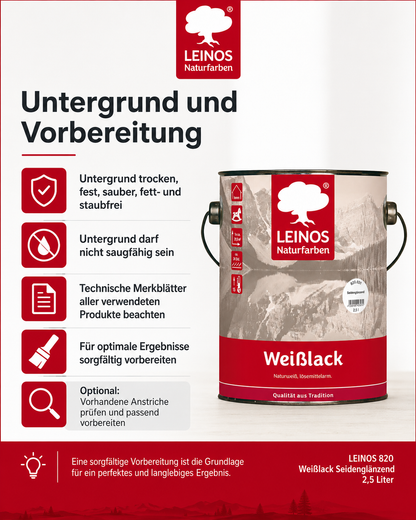 LEINOS 820 Weißlack Seidenglänzend | 2,5 L Innen & Außen | Wohngesunder Naturharz-Öl Lack, wetterfest & langlebig | ca. 20 m² Reichweite | Für Türen, Fenster, Möbel & Holzflächen | Profiqualität