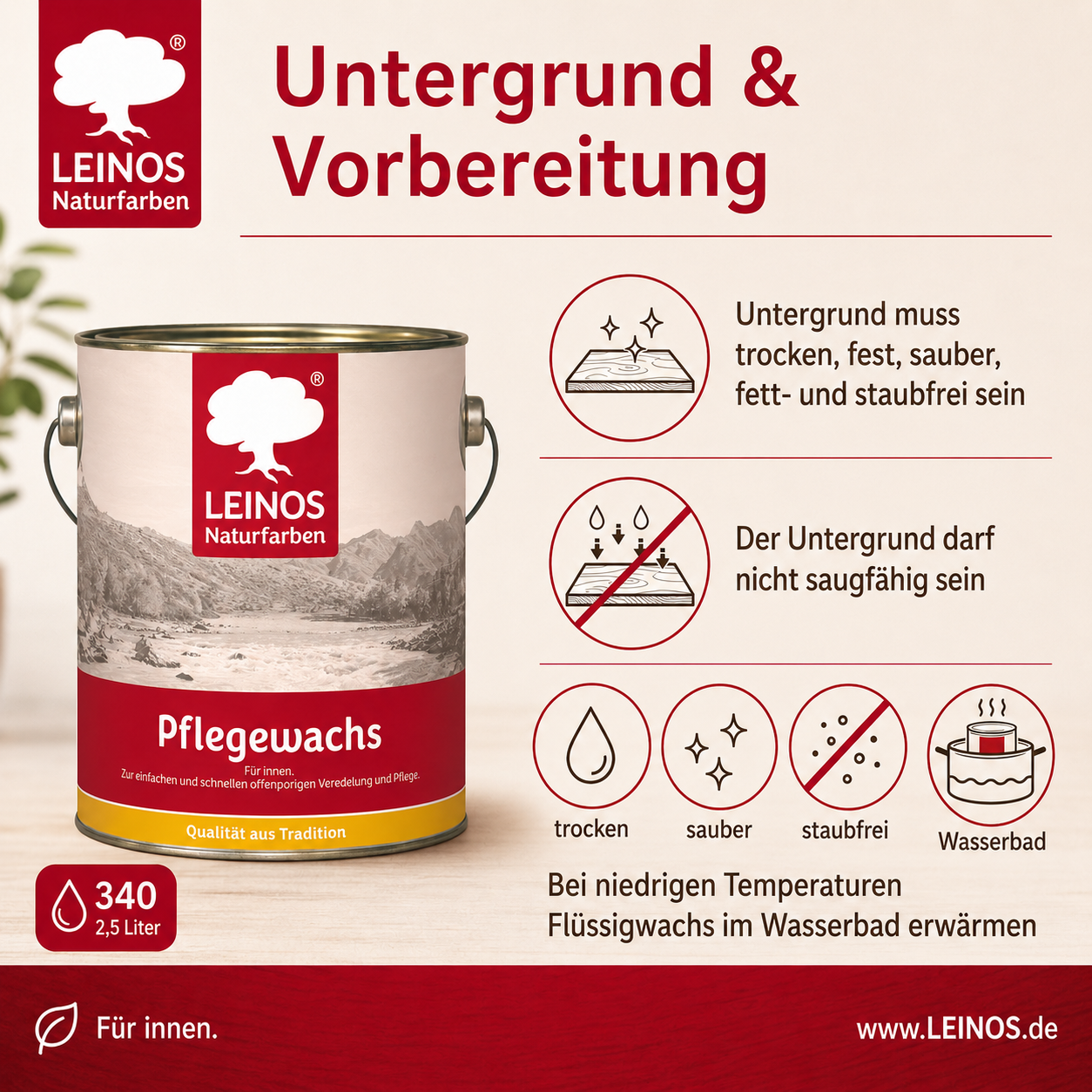 Leinos-Pflegewachs 340 | 2,5 Liter | Leicht verarbeitbares Wachsfinish | Für gewachste Flächen & wenig beanspruchte geölte Oberflächen | Auffrischung & Veredelung für Möbel, Holz & Naturmaterialien