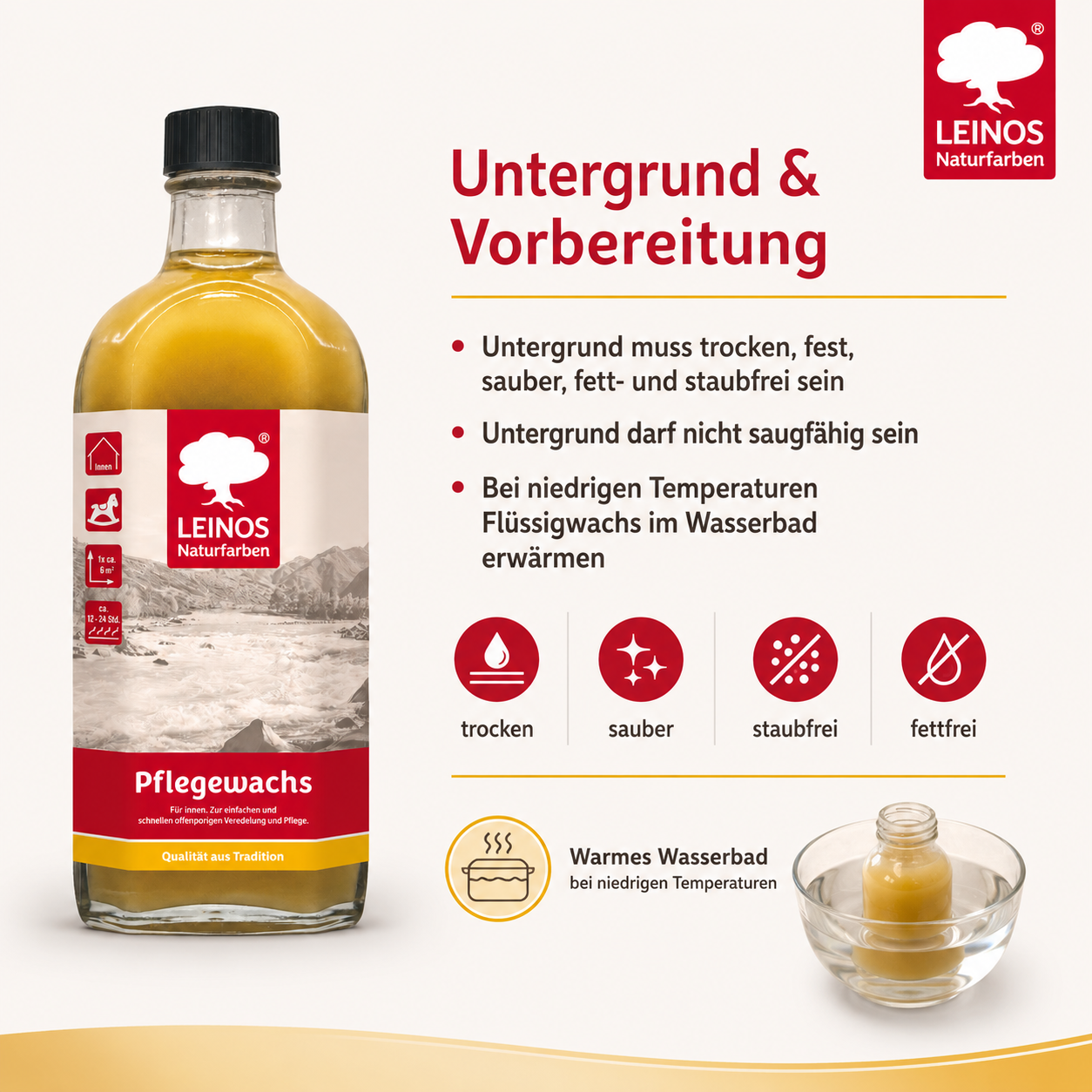 Leinos-Pflegewachs 340 | 0,25 Liter | Leicht verarbeitbares Wachsfinish | Für gewachste Flächen & wenig beanspruchte geölte Oberflächen | Auffrischung & Veredelung für Möbel, Holz & Naturmaterialien