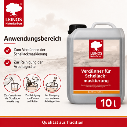 LEINOS 956 Verdünner für Schellackmaskierung 10,0 l – Ethanol zur Verdünnung von Schellack-Maskierung, zur Reinigung von Werkzeugen und Geräten, für professionelle Anwendungen im Innenbereich genutzt.