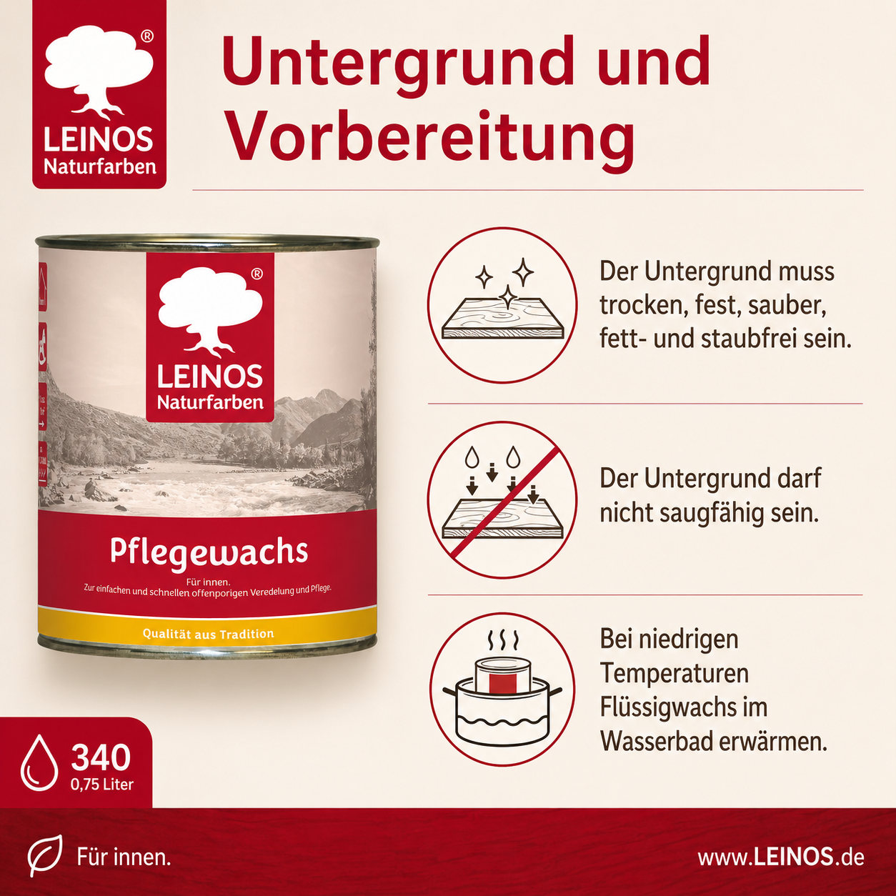 Leinos-Pflegewachs 340 | 0,75 Liter | Leicht verarbeitbares Wachsfinish | Für gewachste Flächen & wenig beanspruchte geölte Oberflächen | Auffrischung & Veredelung für Möbel, Holz & Naturmaterialien