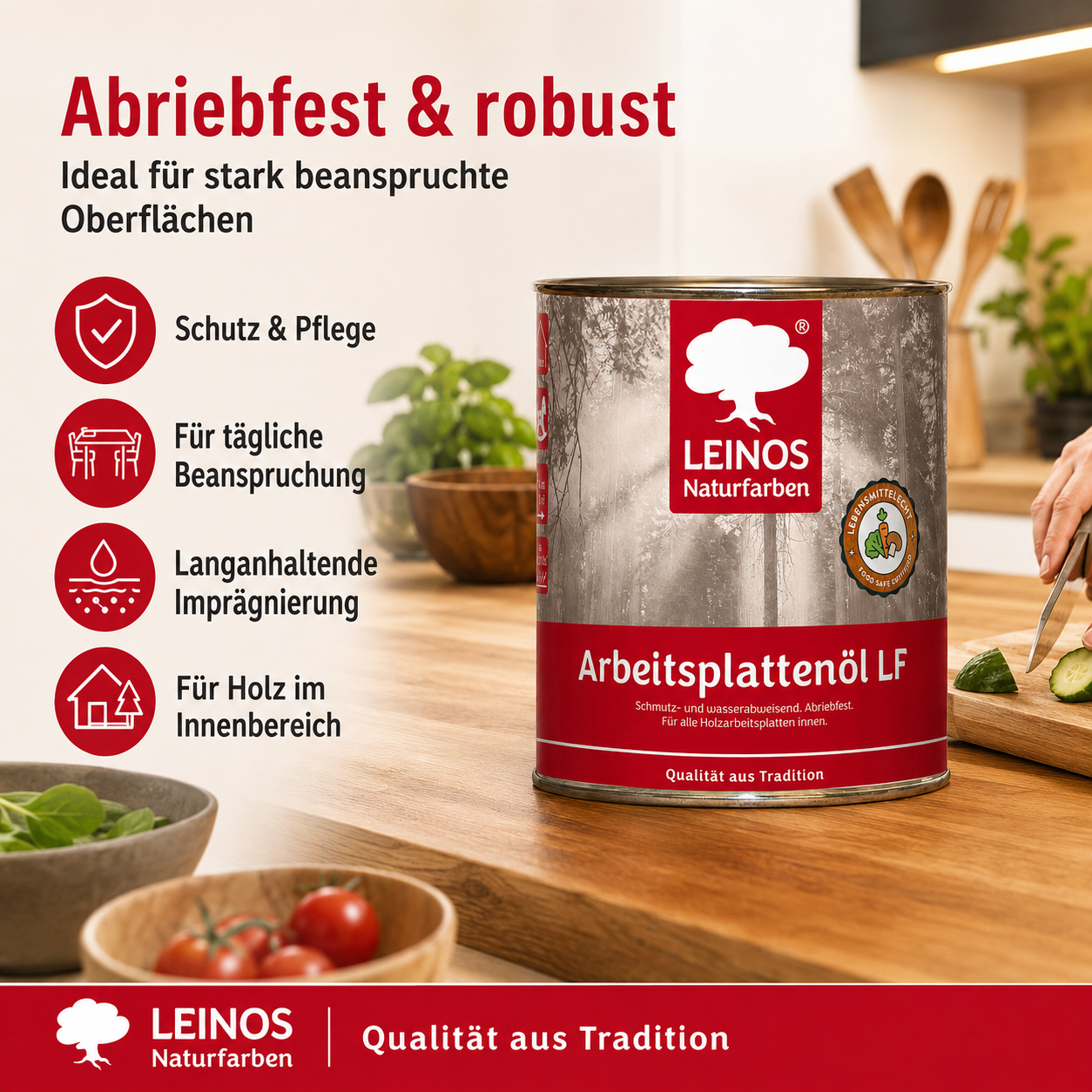 Arbeitsplattenöl  0,75 L | lebensmittelecht & speichelfrei nach EN 71-3 | schmutz-, wasser- & fettabweisend | Öl-Harz-Rezeptur ohne Film | für Holz-Küchenplatten, Schneidebretter, Tische & Kinderspielzeug