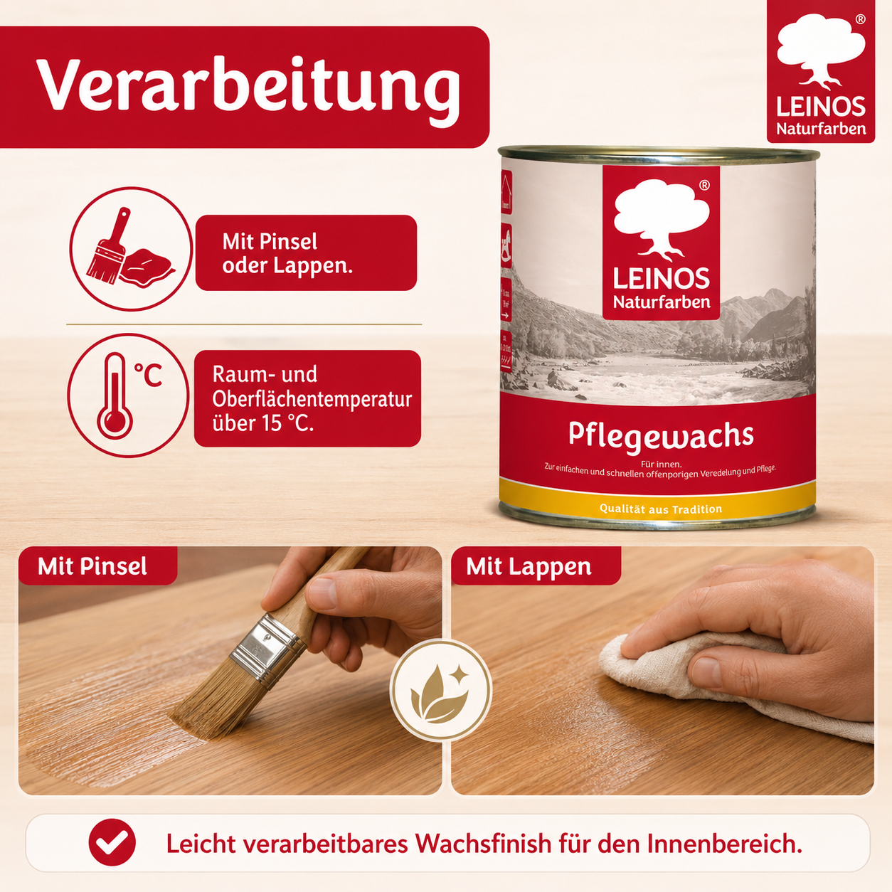 Leinos-Pflegewachs 340 | 0,75 Liter | Leicht verarbeitbares Wachsfinish | Für gewachste Flächen & wenig beanspruchte geölte Oberflächen | Auffrischung & Veredelung für Möbel, Holz & Naturmaterialien